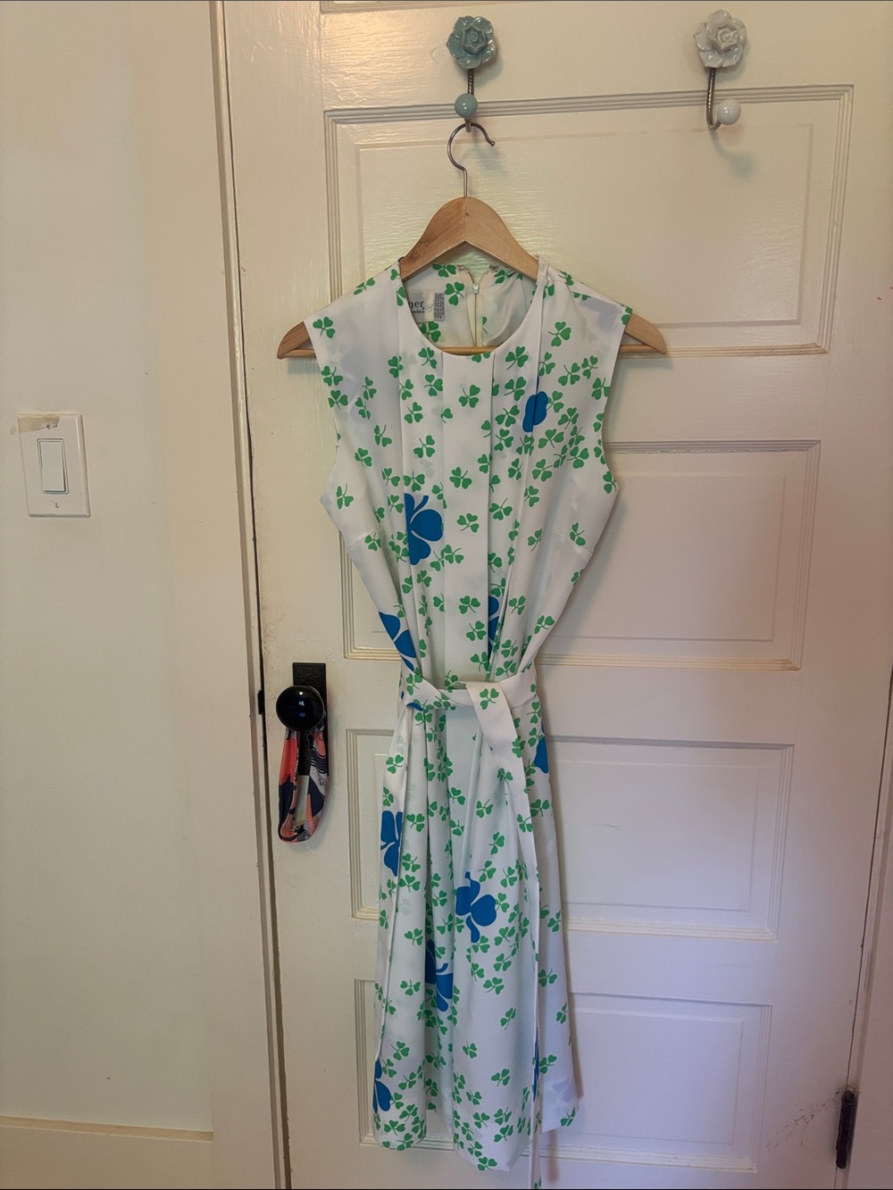 Sleeveless White Dress with Green Clover and Blue Floral Print